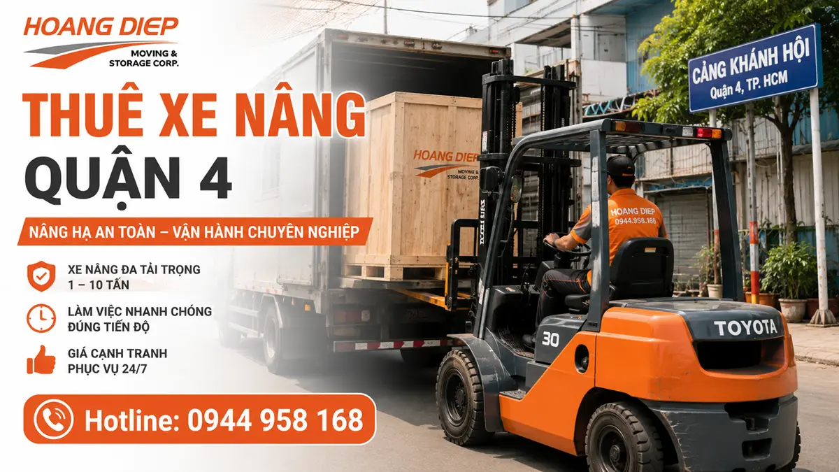 Dịch vụ thuê xe nâng Quận 4 của Hoàng Diệp phục vụ nâng hạ hàng hóa, pallet và máy móc tại khu vực Cảng Khánh Hội.