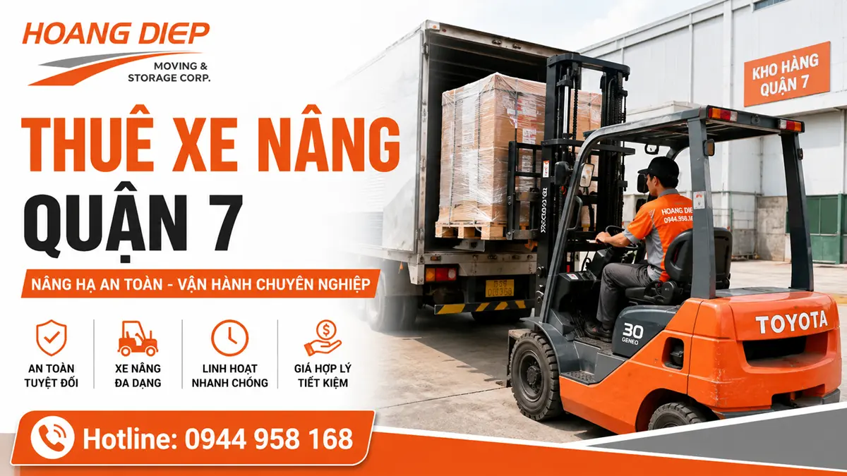 Dịch vụ thuê xe nâng Quận 7 của Nâng Hạ & Vận Tải Hoàng Diệp, hỗ trợ nâng hạ pallet, bốc dỡ hàng xe tải và vận chuyển hàng hóa tại kho xưởng