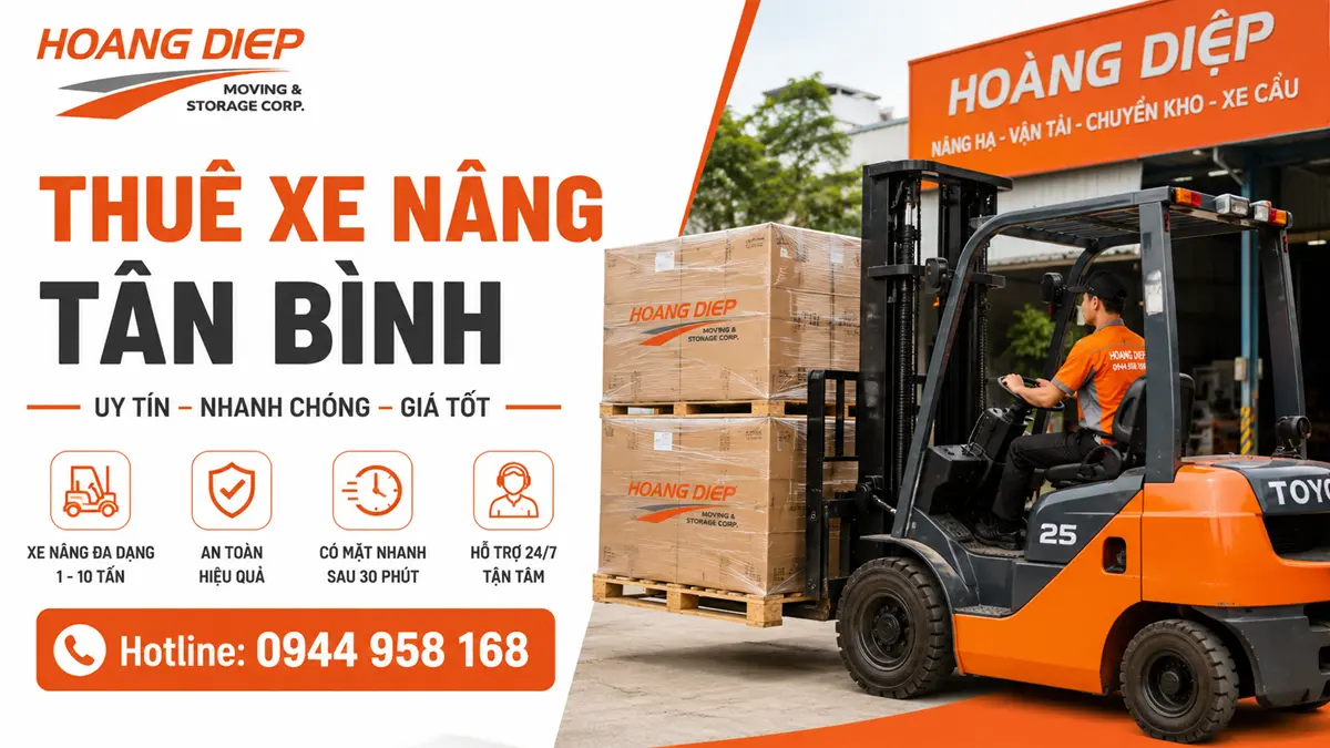 Dịch vụ thuê xe nâng Tân Bình của Hoàng Diệp, phục vụ nâng hạ pallet, hàng hóa và thiết bị tại kho xưởng với nhiều tải trọng từ 1–10 tấn, hỗ trợ lựa chọn xe theo nhu cầu thực tế