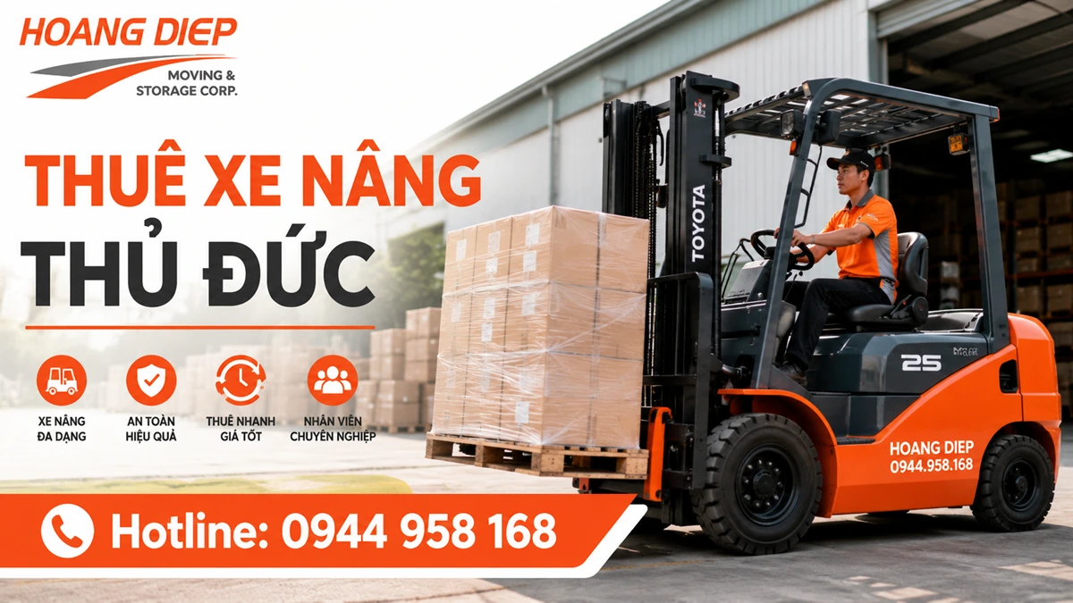 Dịch vụ thuê xe nâng Thủ Đức của Nâng Hạ & Vận Tải Hoàng Diệp, phục vụ bốc dỡ pallet, nâng hạ hàng hóa tại kho, nhà xưởng và điểm giao nhận