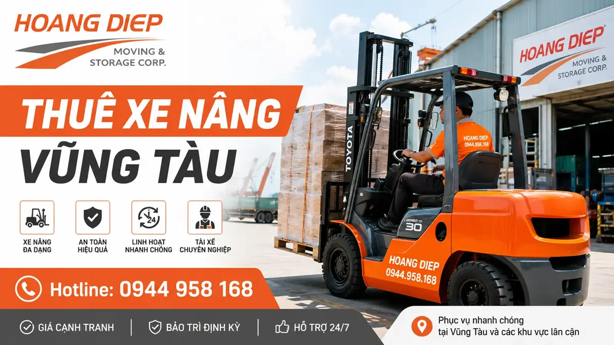 Dịch vụ thuê xe nâng Vũng Tàu của Hoàng Diệp với xe nâng hàng phục vụ kho xưởng, nhà máy, bốc dỡ pallet, nâng hạ hàng hóa và thiết bị tại khu vực Vũng Tàu