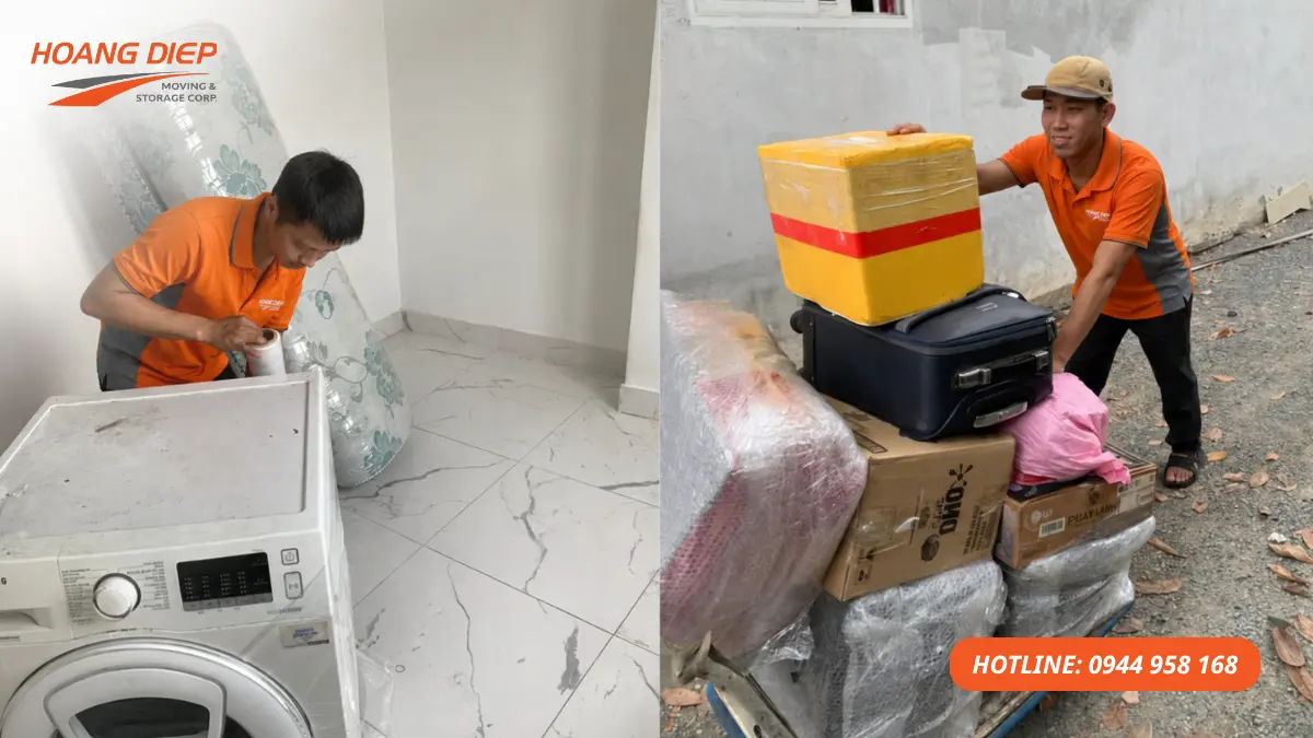 Hình ảnh nhân viên Hoàng Diệp thực hiện đóng gói, bọc lót máy giặt, vali và các kiện đồ trước khi bốc xếp, giúp hạn chế va đập và hỗ trợ sắp xếp tài sản trong quy trình chuyển nhà trọn gói.
