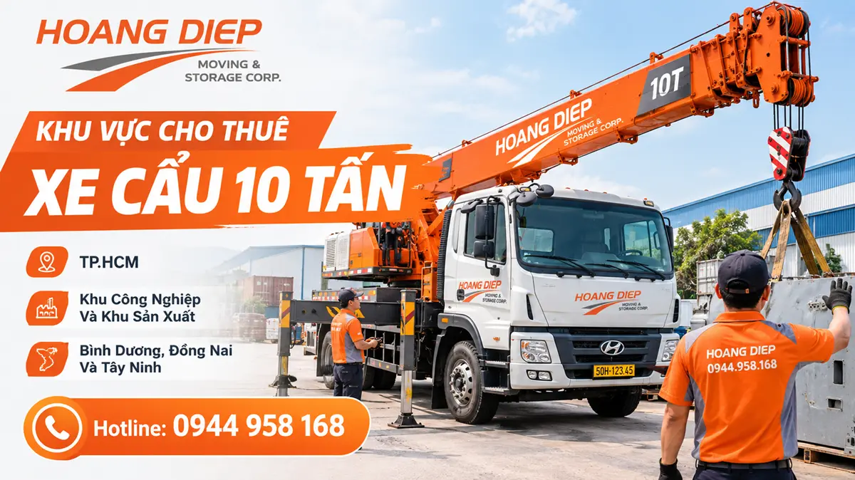 Khu vực cho thuê xe cẩu 10 tấn của Hoàng Diệp tại TP.HCM, các khu công nghiệp, Bình Dương, Đồng Nai và Tây Ninh. Hotline 0944 958 168.