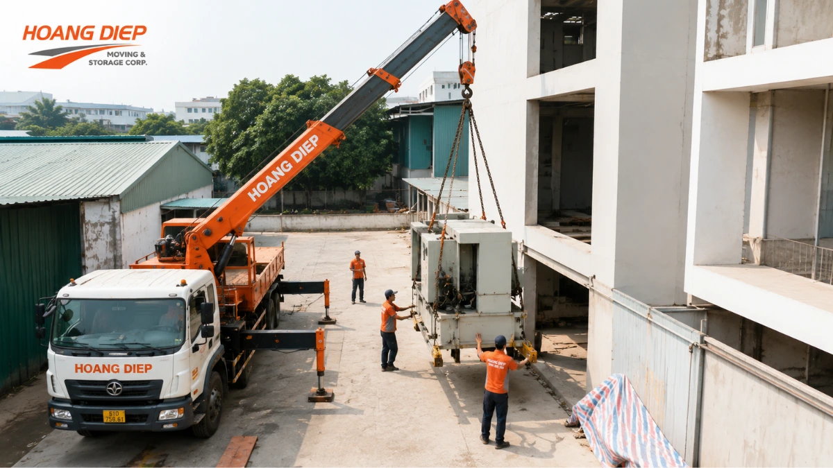 Xe cẩu tự hành thực hiện nâng hạ thiết bị công nghiệp tại khu vực nhà xưởng, đội ngũ nhân sự của Hoàng Diệp phối hợp và kiểm soát quá trình thi công.