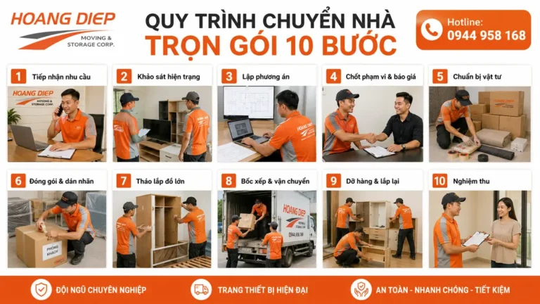 Quy trình chuyển nhà trọn gói 10 bước của Hoàng Diệp, từ tiếp nhận nhu cầu, khảo sát hiện trạng, lập phương án, báo giá, chuẩn bị vật tư, đóng gói, tháo lắp, bốc xếp vận chuyển đến dỡ hàng, lắp đặt và nghiệm thu bàn giao.