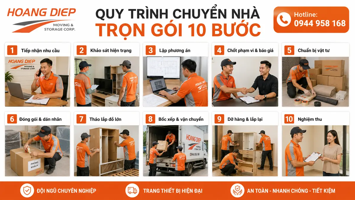 Quy trình chuyển nhà trọn gói 10 bước của Hoàng Diệp, từ tiếp nhận nhu cầu, khảo sát hiện trạng, lập phương án, báo giá, chuẩn bị vật tư, đóng gói, tháo lắp, bốc xếp vận chuyển đến dỡ hàng, lắp đặt và nghiệm thu bàn giao.