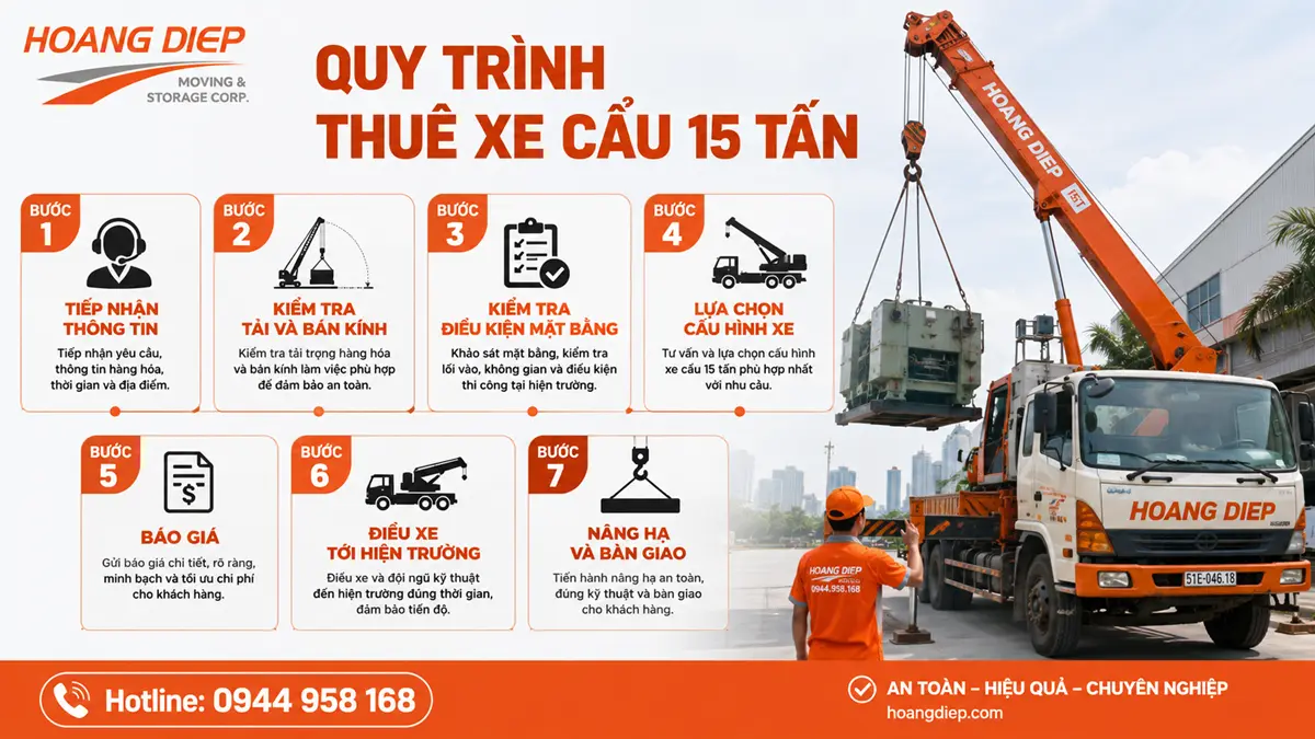 Quy trình thuê xe cẩu 15 tấn tại Hoàng Diệp gồm 7 bước: tiếp nhận thông tin, kiểm tra tải và bán kính, kiểm tra mặt bằng, chọn cấu hình xe, báo giá, điều xe, nâng hạ và bàn giao