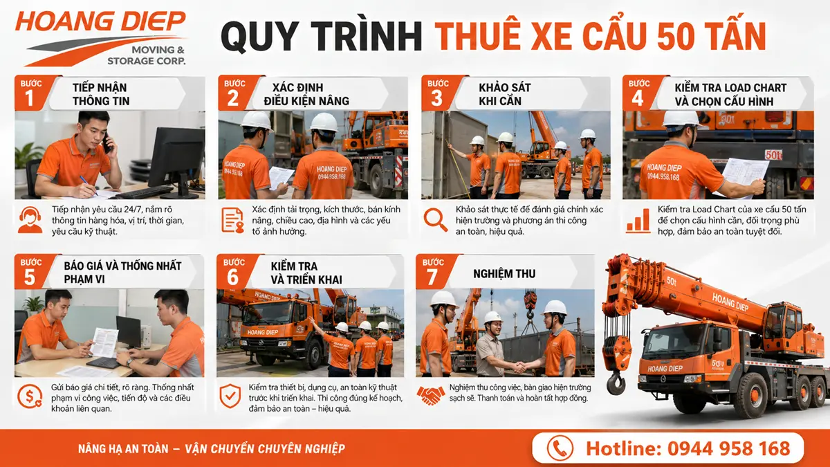 Quy trình thuê xe cẩu 50 tấn tại Hoàng Diệp gồm tiếp nhận yêu cầu, xác định điều kiện nâng, khảo sát hiện trường, kiểm tra Load Chart, báo giá, triển khai và nghiệm thu