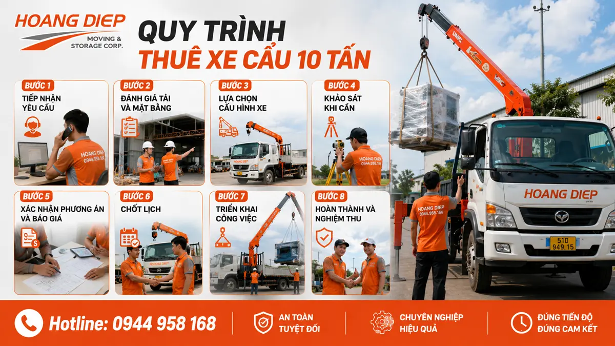 Quy trình thuê xe cẩu 10 tấn tại Hoàng Diệp gồm tiếp nhận yêu cầu, đánh giá tải và mặt bằng, lựa chọn xe, khảo sát, báo giá, chốt lịch, triển khai và nghiệm thu