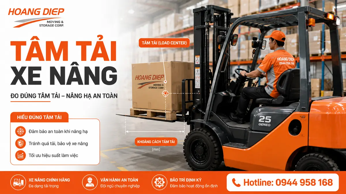 Tâm tải xe nâng hàng và khoảng cách tâm tải giúp lựa chọn tải trọng phù hợp, hạn chế quá tải và đảm bảo an toàn khi nâng hạ hàng hóa