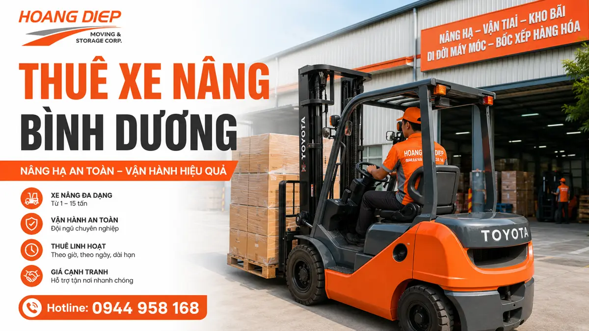 Xe nâng Hoàng Diệp nâng pallet tại kho, phục vụ dịch vụ thuê xe nâng Bình Dương cho nhà xưởng và khu công nghiệp.