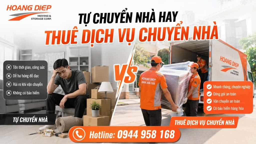 so sánh tự chuyển nhà hay thuê dịch vụ chuyển nhà của Nâng Hạ & Vận Tải Hoàng Diệp, giúp người đọc lựa chọn giữa tự chuyển, thuê từng hạng mục hoặc chuyển nhà trọn gói.