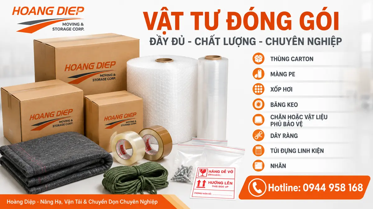 Vật tư đóng gói sử dụng trong dịch vụ chuyển nhà Hoàng Diệp gồm thùng carton, màng PE, xốp hơi, băng keo, chăn phủ bảo vệ, dây ràng, túi đựng linh kiện và nhãn phân loại, giúp bảo vệ và sắp xếp tài sản trong quá trình vận chuyển.