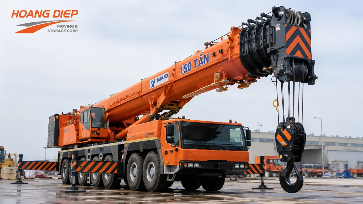 Xe cẩu 150 tấn Tadano của Nâng Hạ & Vận Tải Hoàng Diệp phục vụ nâng hạ máy móc, kết cấu và thiết bị công nghiệp tải trọng lớn tại TP.HCM và các khu vực lân cận.