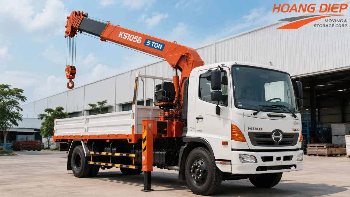 Xe cẩu tự hành 5 tấn Hoàng Diệp tại nhà xưởng, trang bị cần cẩu 5 tấn và chân chống phục vụ nâng hạ máy móc, hàng hóa tại TPHCM