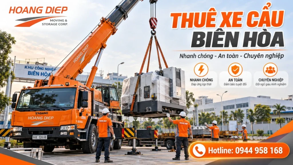 Dịch vụ thuê xe cẩu Biên Hòa của Hoàng Diệp phục vụ nâng hạ máy móc, thiết bị công nghiệp và hàng hóa tại nhà máy, khu công nghiệp với đội xe đa tải trọng, tài xế giàu kinh nghiệm và hỗ trợ khảo sát hiện trường
