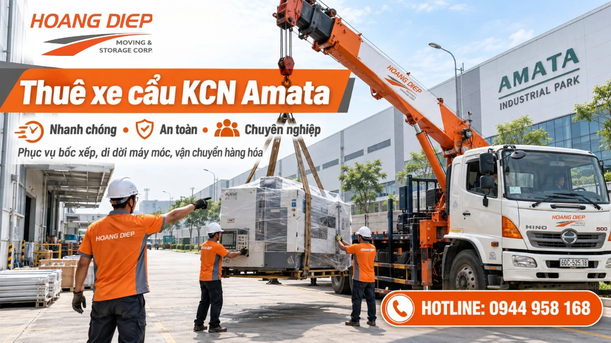 Dịch vụ thuê xe cẩu KCN Amata của Hoàng Diệp nâng hạ máy móc công nghiệp tại nhà máy