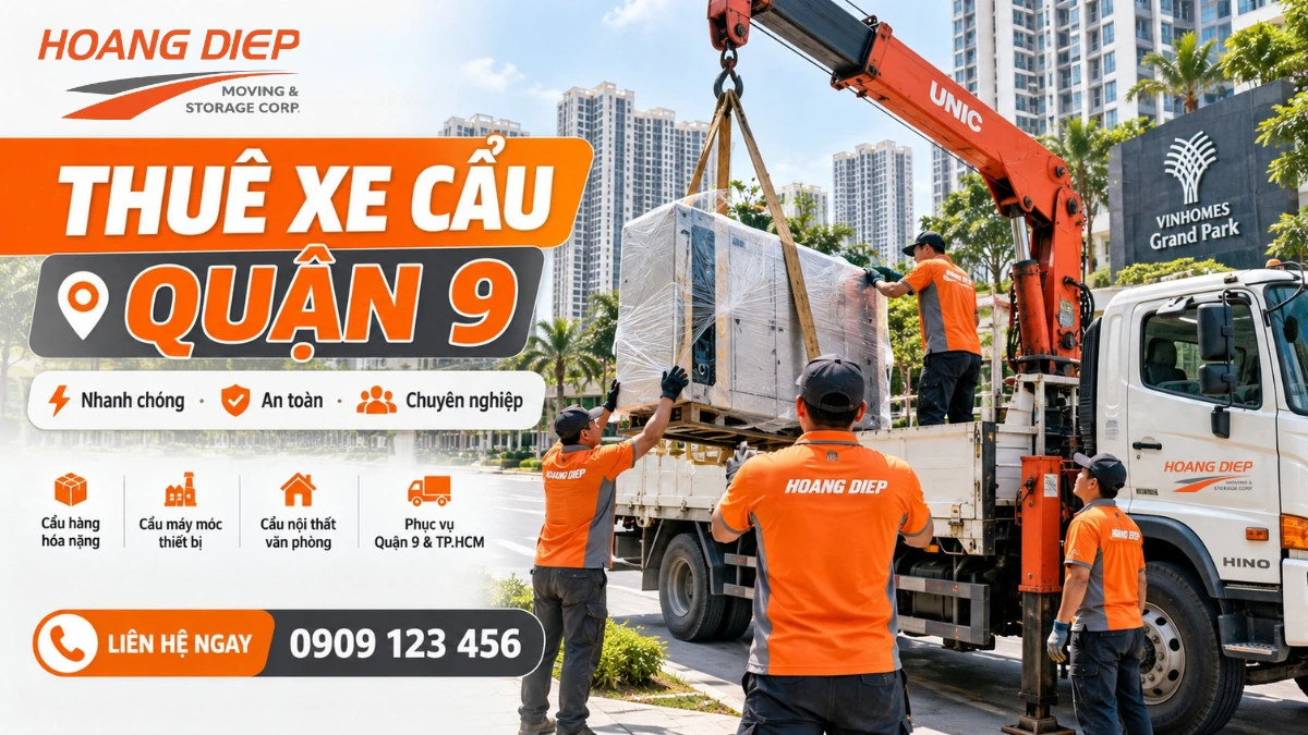 Dịch vụ thuê xe cẩu Quận 9 của Hoàng Diệp nâng hạ máy móc tại khu vực Vinhomes Grand Park, phục vụ công trình và nhà xưởng tại TP.HCM.