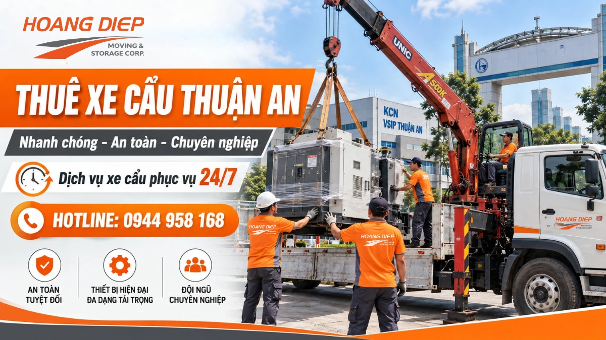Dịch vụ thuê xe cẩu Thuận An của Hoàng Diệp nâng hạ máy móc tại KCN VSIP